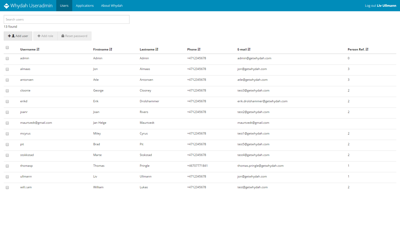 User administration interface